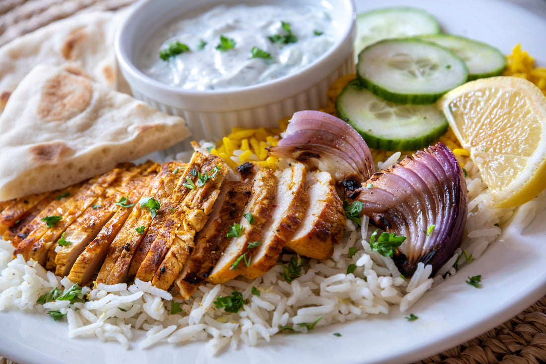 Grilled Chicken with Rice and Yogurt Mint Sauce