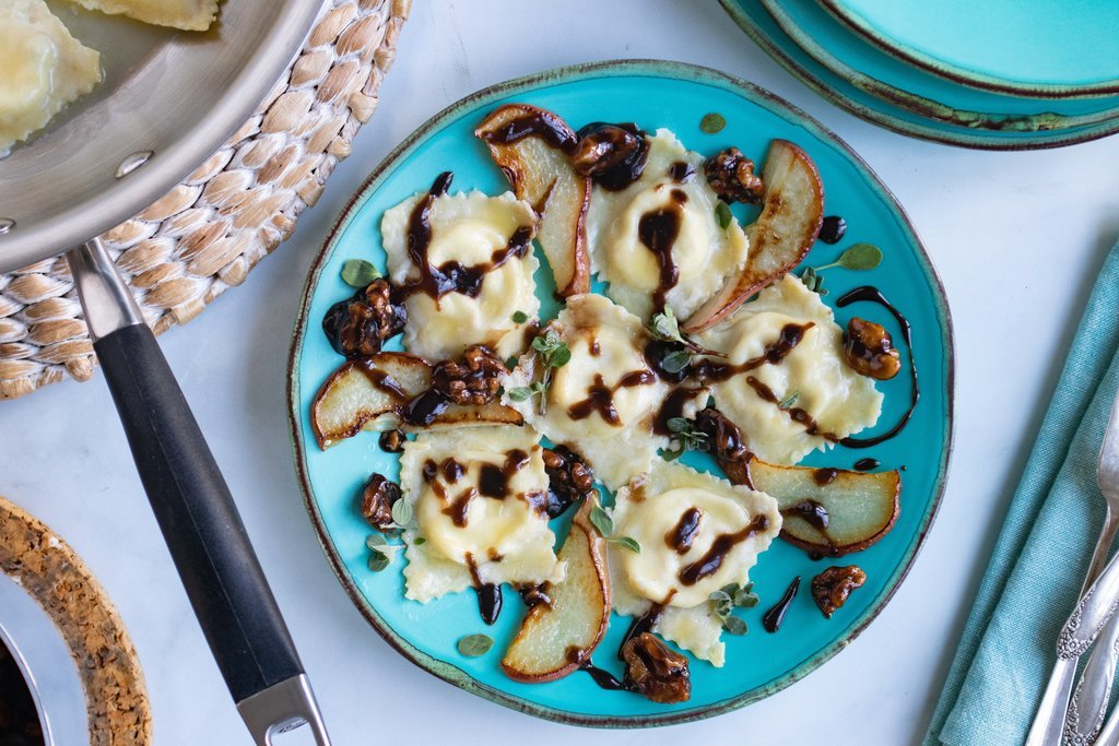 Pear and Gorgonzola Ravioli with Walnut Balsamic Sauce