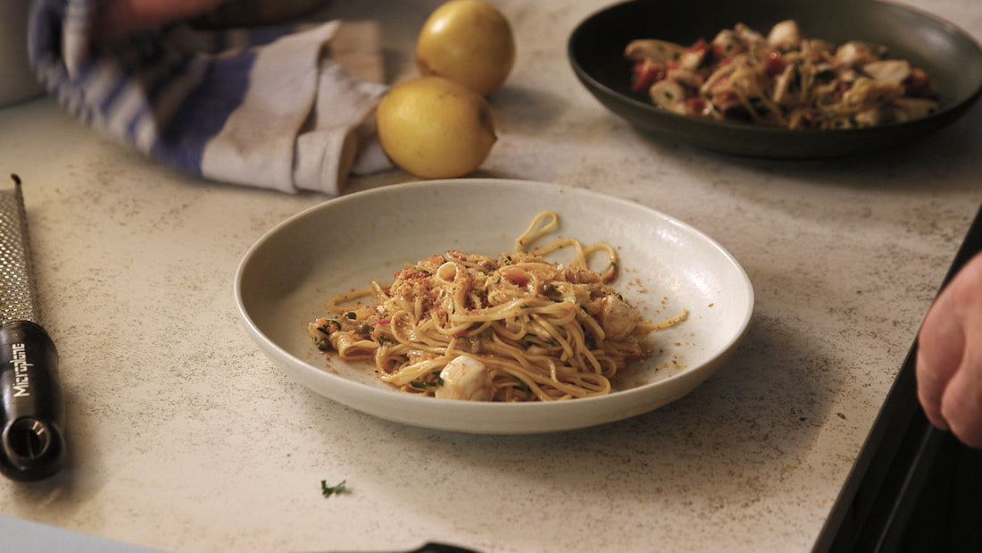 Hiramasa kingfish angel hair pasta, with capers and baby tomato