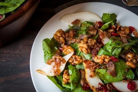 Spinach, Pear, Dried Cranberry and Maple Glazed Walnut Salad with Warm Bacon Vinaigrette