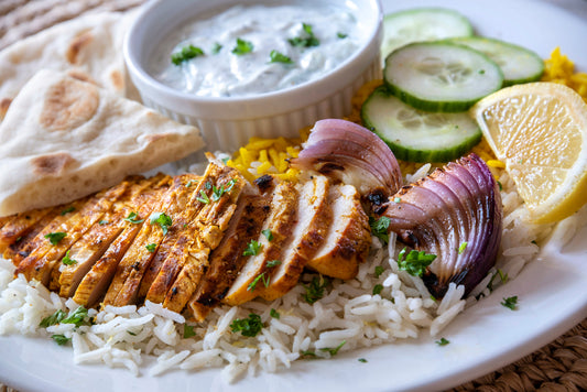 Grilled Chicken with Rice and Yogurt Mint Sauce