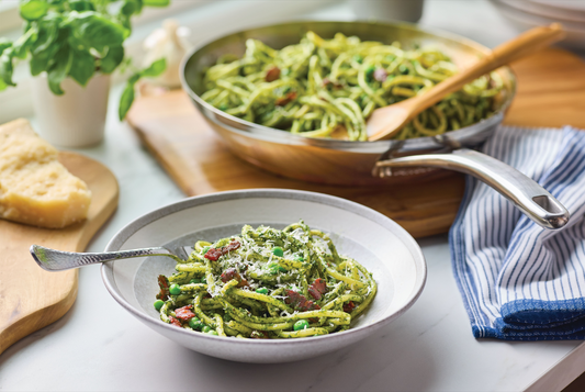 Walnut Pesto Bucatini with Crispy Bacon, Peas & Spinach