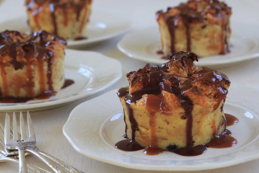 Individual Croissant Bread Puddings with Chocolate and Caramel Sauces