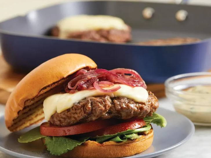Burgers with Caramelized Onions, Parmesan and Basil Mayonnaise