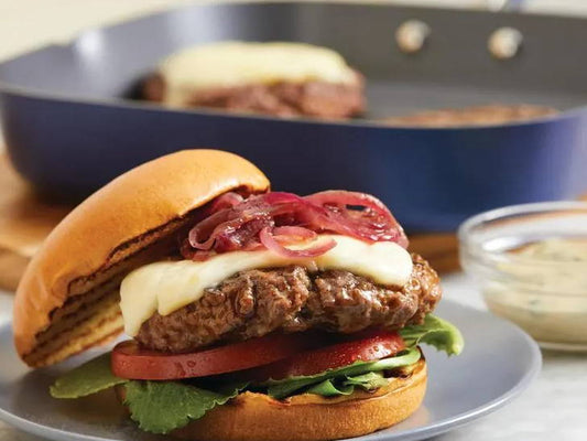 Burgers with Caramelized Onions, Parmesan and Basil Mayonnaise