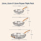 A size comparison chart for a 22cm, 25cm, and 32cm stainless steel frypan twin pack, showing the dimensions of each pan with copper-colored handles on a light beige background.