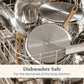 Anolon EverLast stainless steel pans with bronze handles in a dishwasher rack, showing they're dishwasher safe