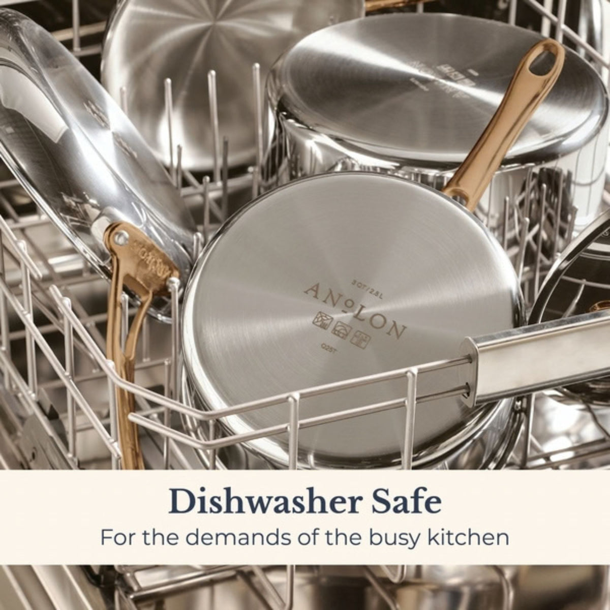 Anolon EverLast stainless steel pans with bronze handles in a dishwasher rack, showing they're dishwasher safe