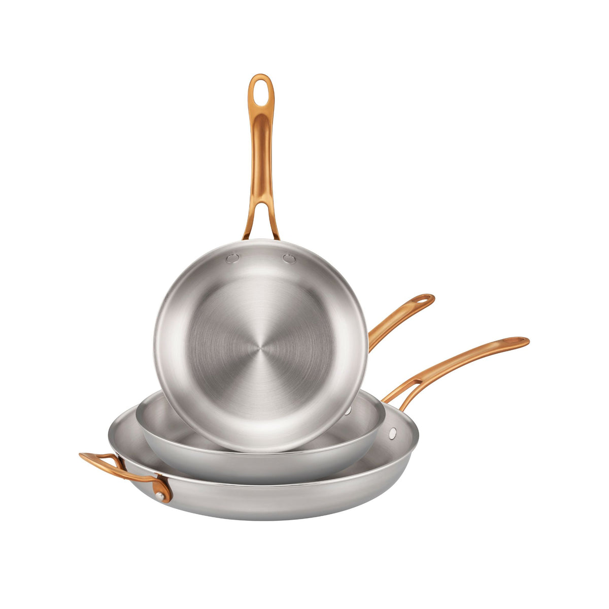 Anolon EverLast Tri-Ply Clad stainless steel 22cm, 25cm and 32cm skillets with bronze handles, stacked on a white background